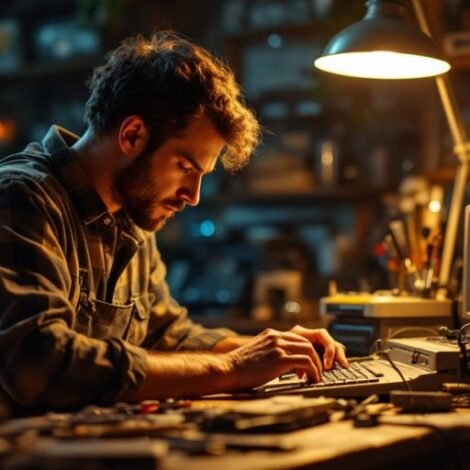 Technician repairing a vintage laptop in a workshop.