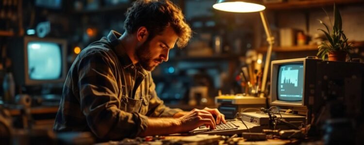 Technician repairing a vintage laptop in a workshop.