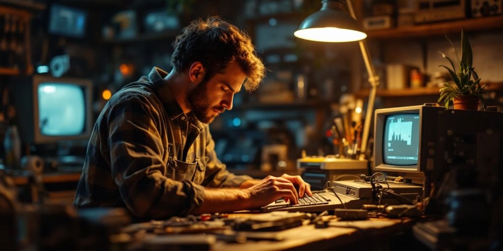 Technician repairing a vintage laptop in a workshop.