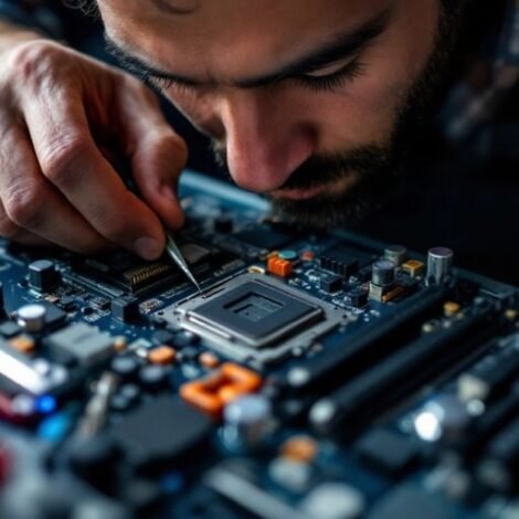 Technician repairing a computer with tools and components.