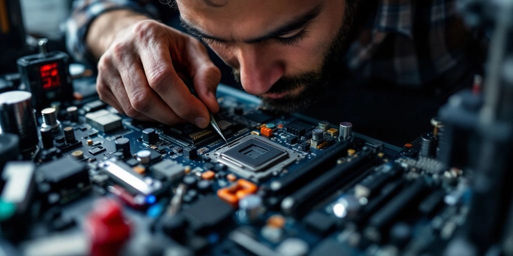 Technician repairing a computer with tools and components.