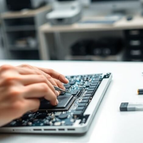 Technician repairing a MacBook in a clean workshop.