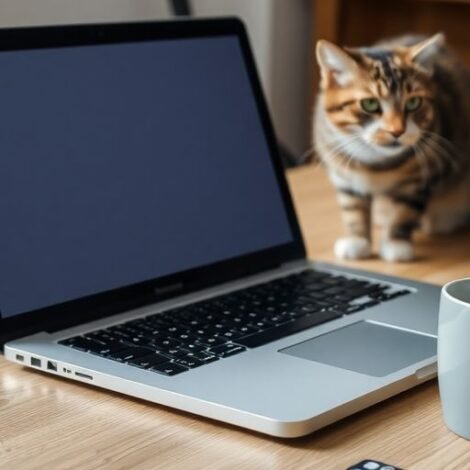 Apple MacBook with cat on a desk in home office.