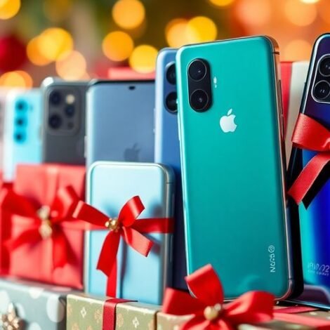 Colourful mobile phones as Christmas gifts with decorations.