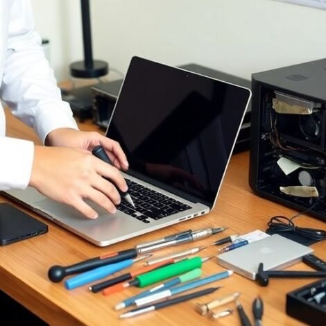 Technician repairing laptop at a wooden desk.