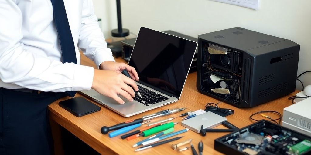 Technician repairing laptop at a wooden desk.