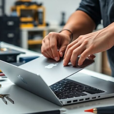 Technician repairing an Apple MacBook in a workshop.