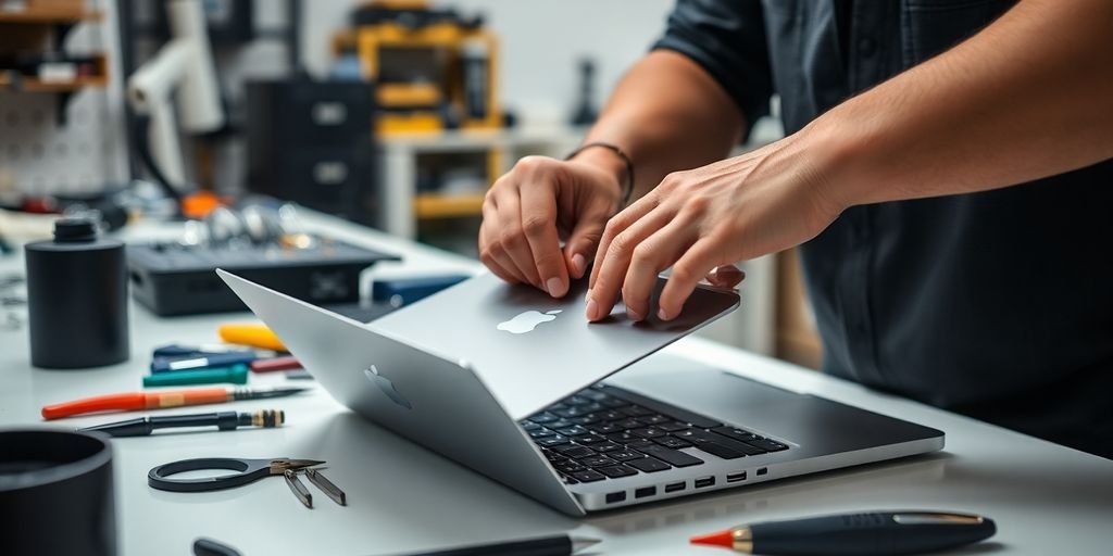 Technician repairing an Apple MacBook in a workshop.