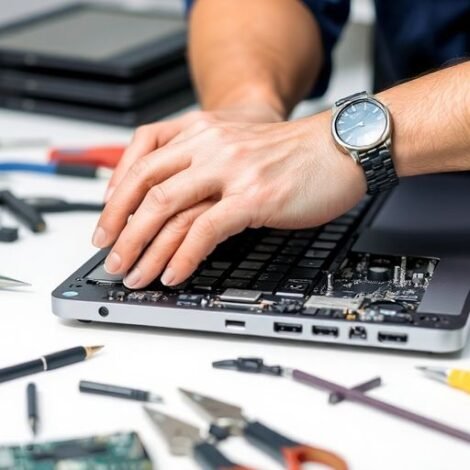 Technician repairing a laptop with tools around.