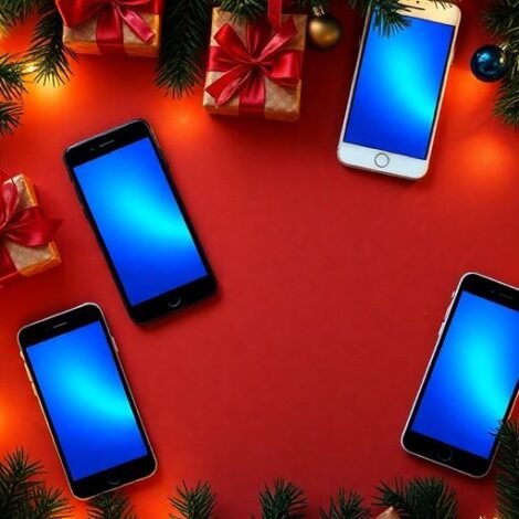 Smartphones and Christmas decorations in a festive setting.