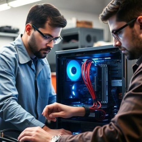 Technician repairing a computer in a bright workshop.