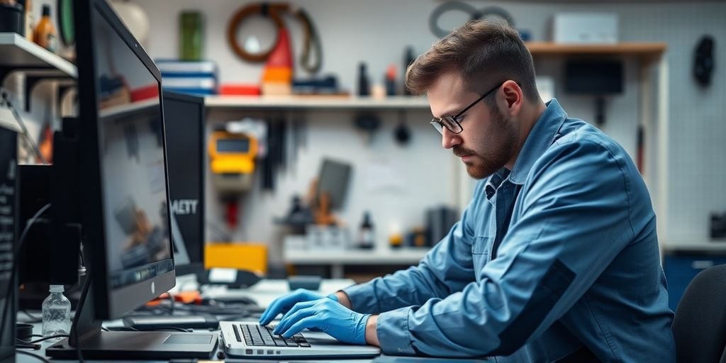 Technician repairing a laptop in a workshop.