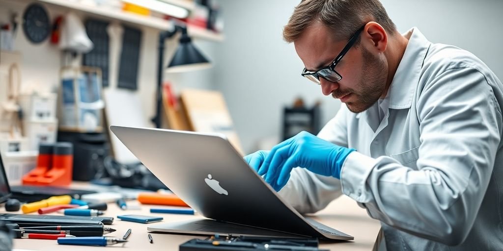 Technician repairing an Apple Mac laptop at a desk.