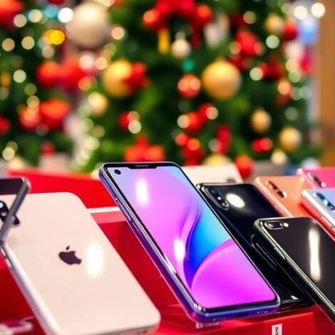 Latest smartphones displayed with festive holiday decorations.