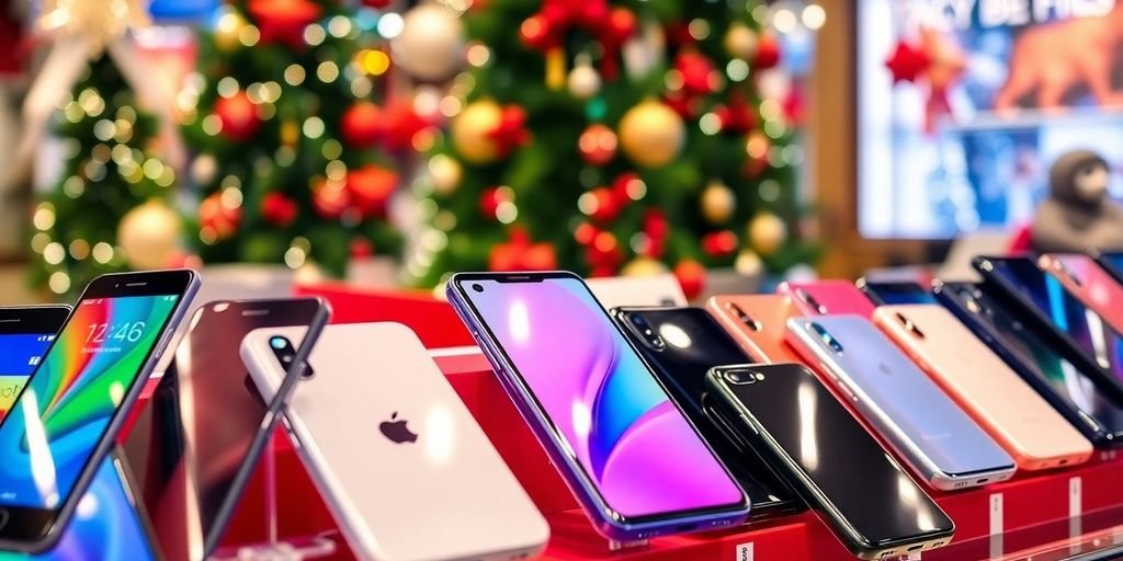 Latest smartphones displayed with festive holiday decorations.