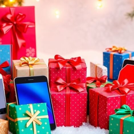 Festive mobile gifts in Christmas-themed packaging and decor.