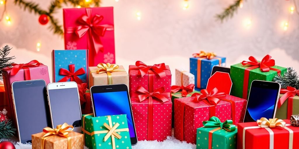 Festive mobile gifts in Christmas-themed packaging and decor.