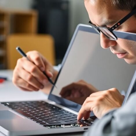 Technician repairing a laptop screen in a clean workspace.