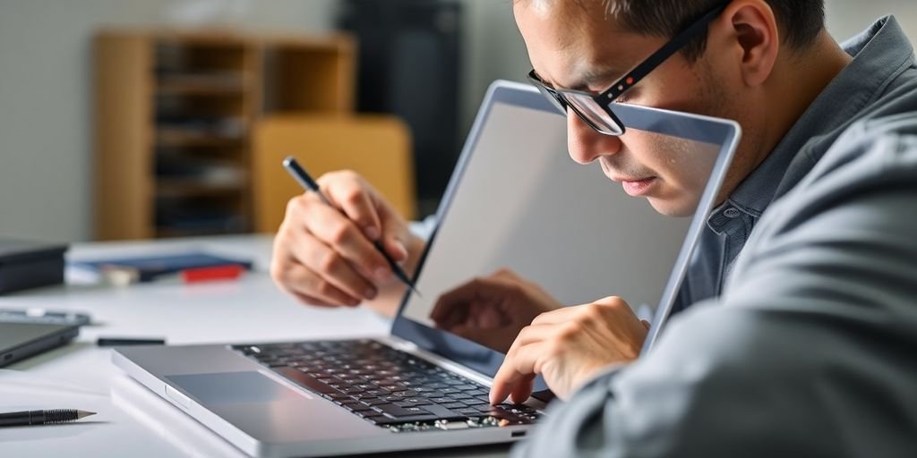 Technician repairing a laptop screen in a clean workspace.