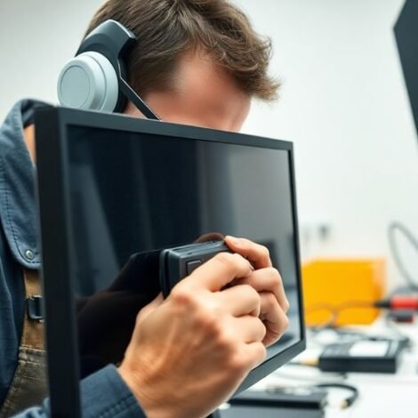 Technician repairing a computer screen in a workshop.