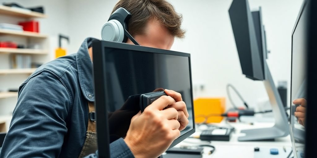 Technician repairing a computer screen in a workshop.