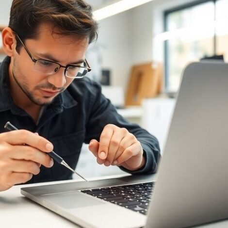 Technician repairing a MacBook in a modern workshop.