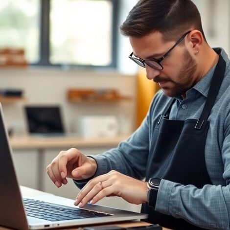 Technician repairing a MacBook in a bright workspace.