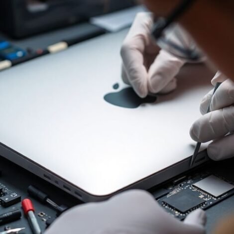 Technician repairing an Apple MacBook in a workshop.