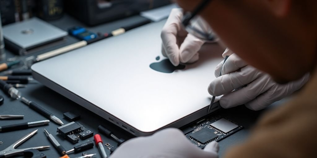 Technician repairing an Apple MacBook in a workshop.