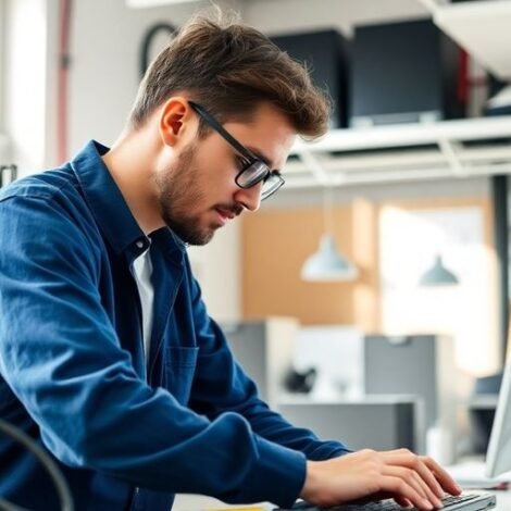 Computer technician repairing a laptop in a bright workspace.