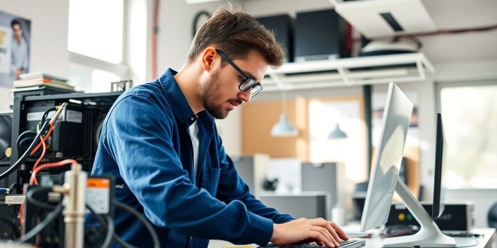 Computer technician repairing a laptop in a bright workspace.