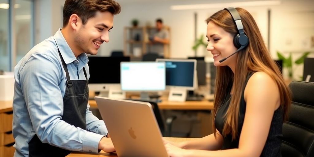 Technician helping a customer with laptop support.