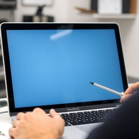 Technician repairing a MacBook screen in a workshop.