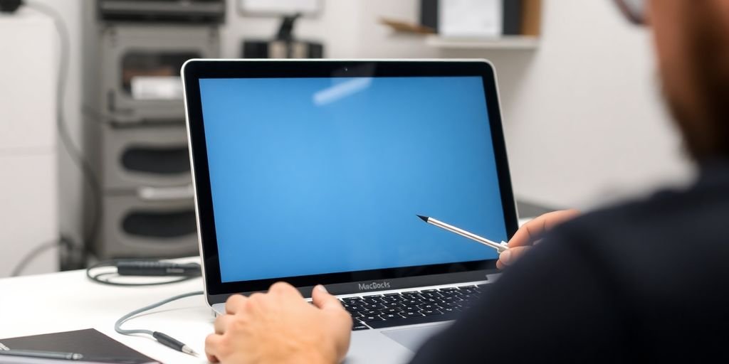 Technician repairing a MacBook screen in a workshop.