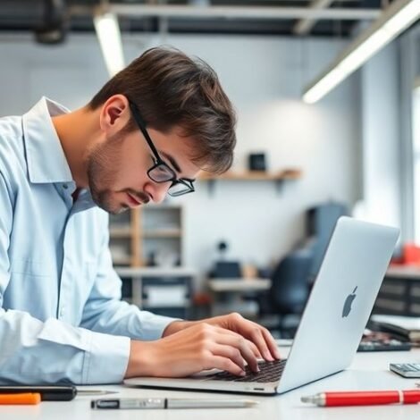 Apple Mac repair technician working on MacBook in workshop.