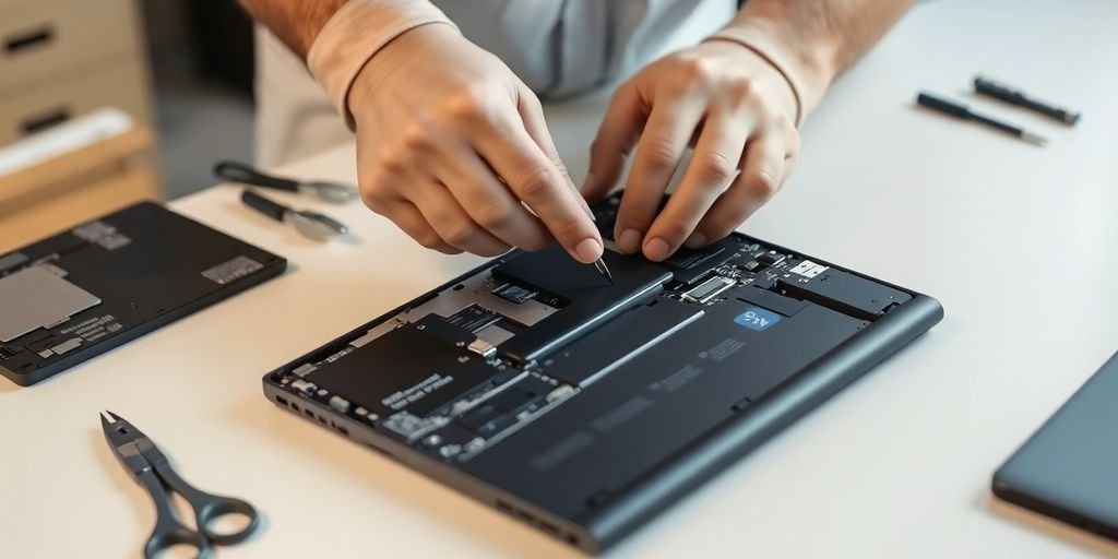 Technician repairing laptop battery and charging port.