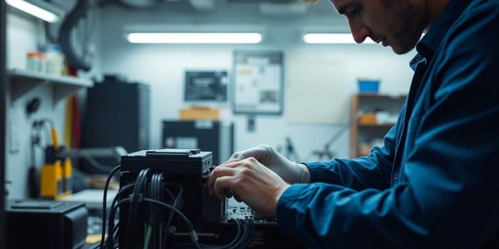 Technician repairing a computer in a workshop.