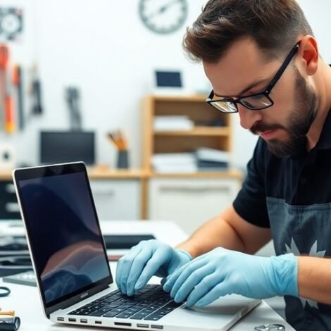 Technician repairing an Apple MacBook in a workshop.