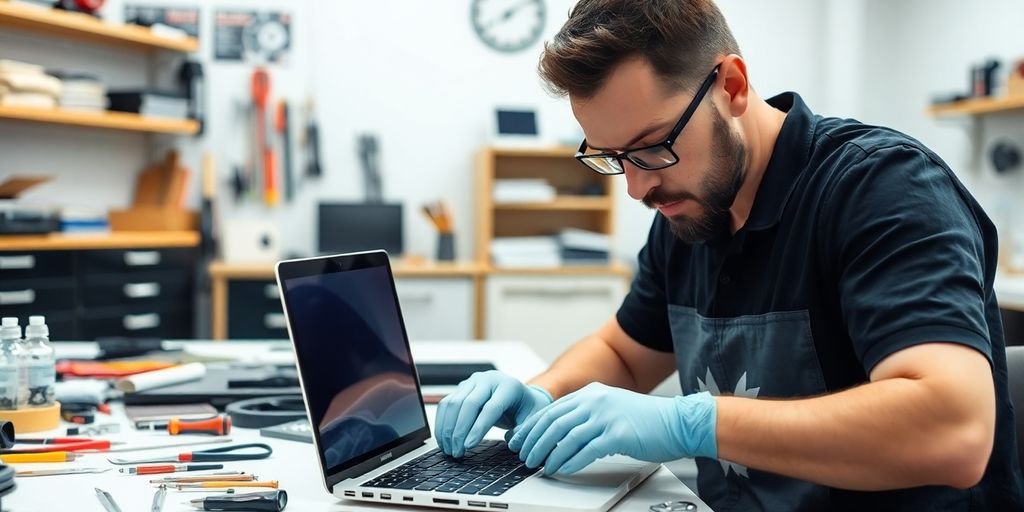 Technician repairing an Apple MacBook in a workshop.