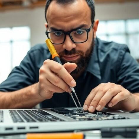 Technician repairing laptop in a modern workspace.