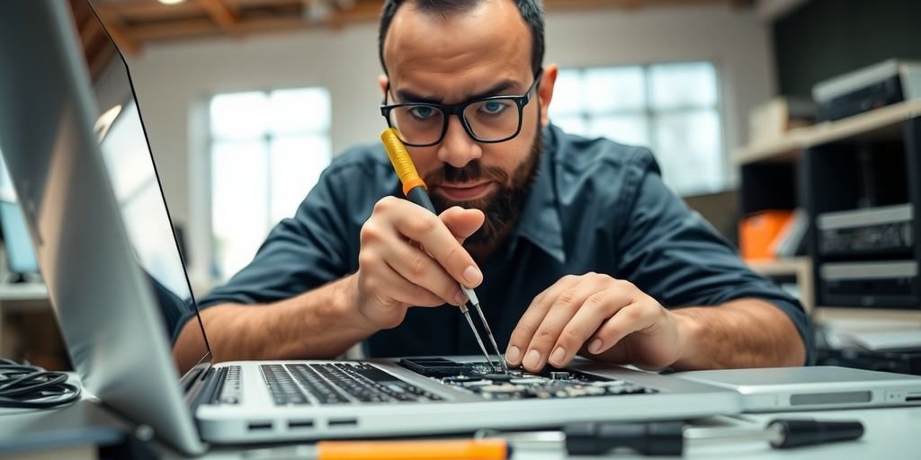 Technician repairing laptop in a modern workspace.