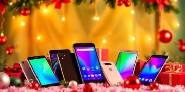 Festive display of mobile phones for Christmas shopping.