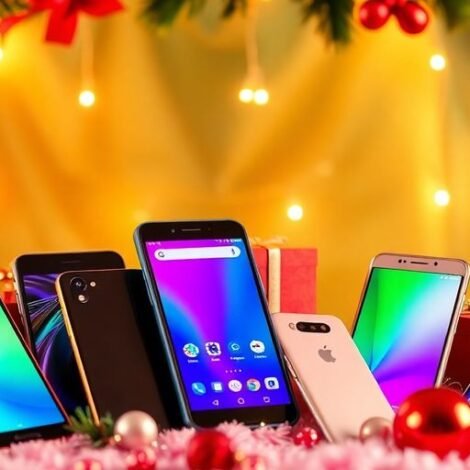 Festive display of mobile phones for Christmas shopping.