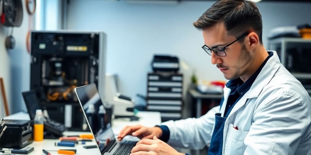 Technician repairing a laptop in a workshop.