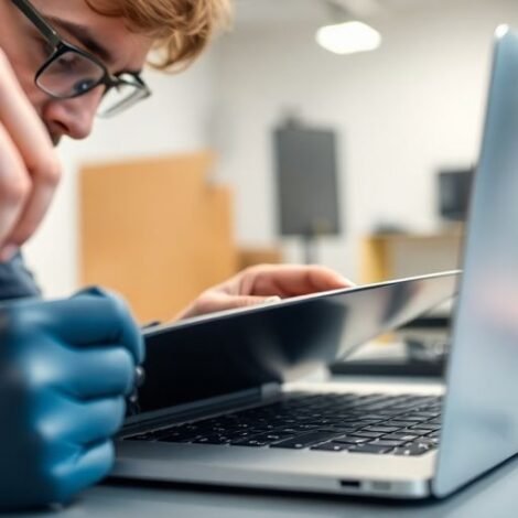 Technician replacing MacBook battery on a workbench.