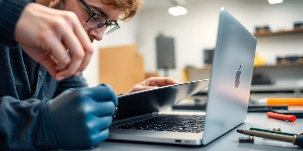 Technician replacing MacBook battery on a workbench.