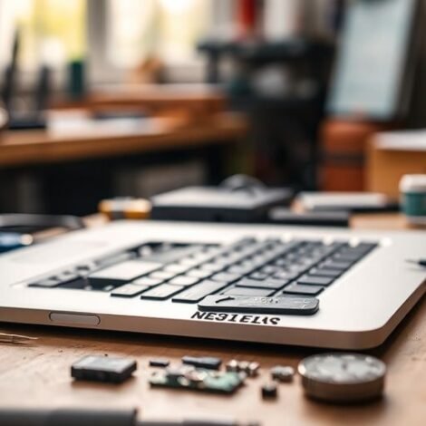 Repairing a MacBook with tools on a workbench.