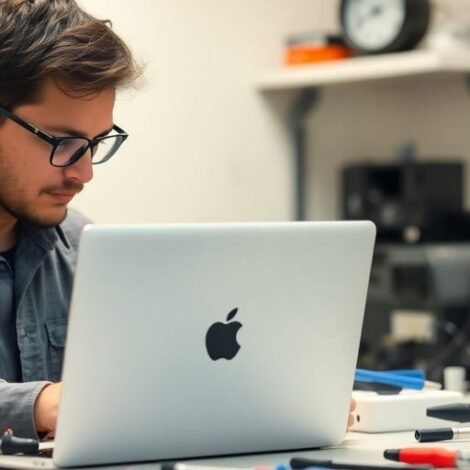 Technician repairing an Apple MacBook in a workshop.