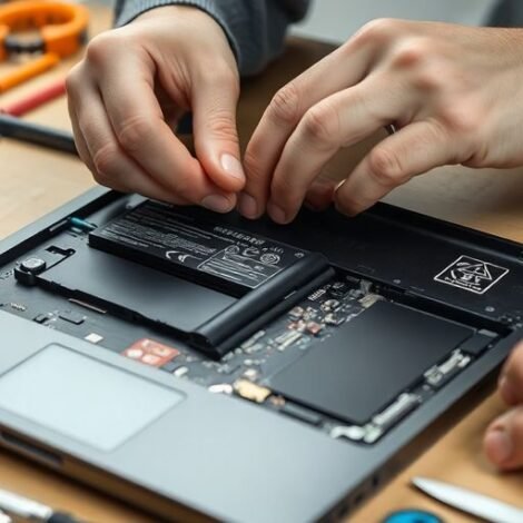 Technician replacing a laptop battery with tools in view.