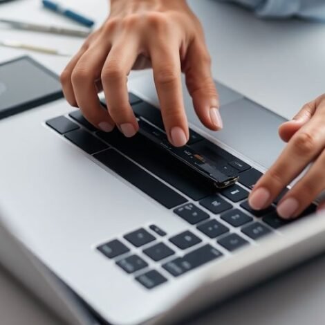 Technician repairing MacBook keyboard with tools on desk.